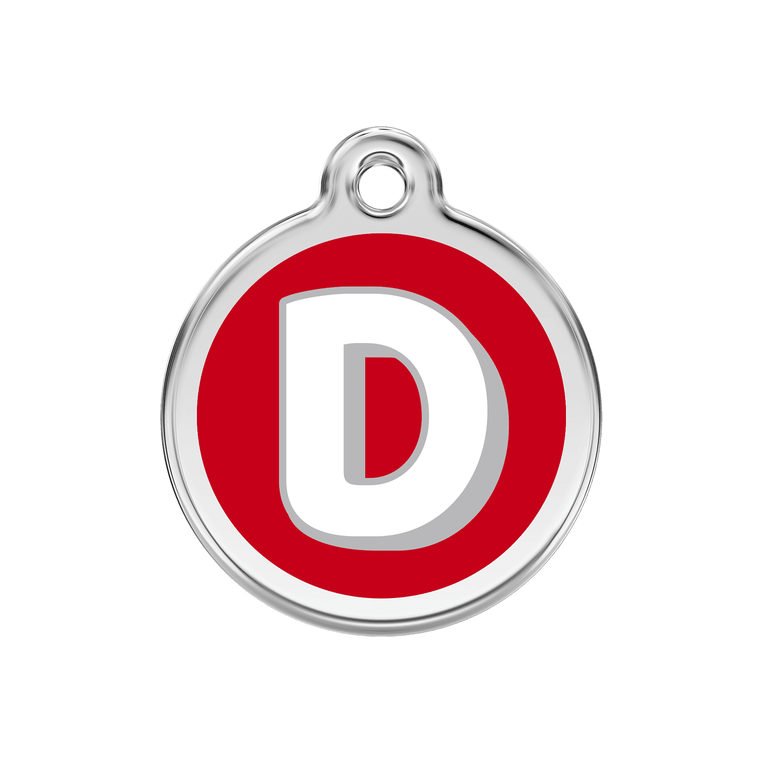 Vue avant - Médaille personnalisée pour chien Red Dingo Émail et acier inoxydable - Lettre D - Rouge - Size M
