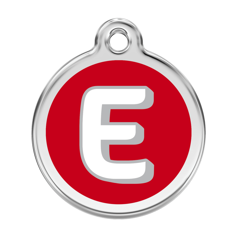 Vue avant - Médaille personnalisée pour chien Red Dingo Émail et acier inoxydable - Lettre E - Rouge - Size L