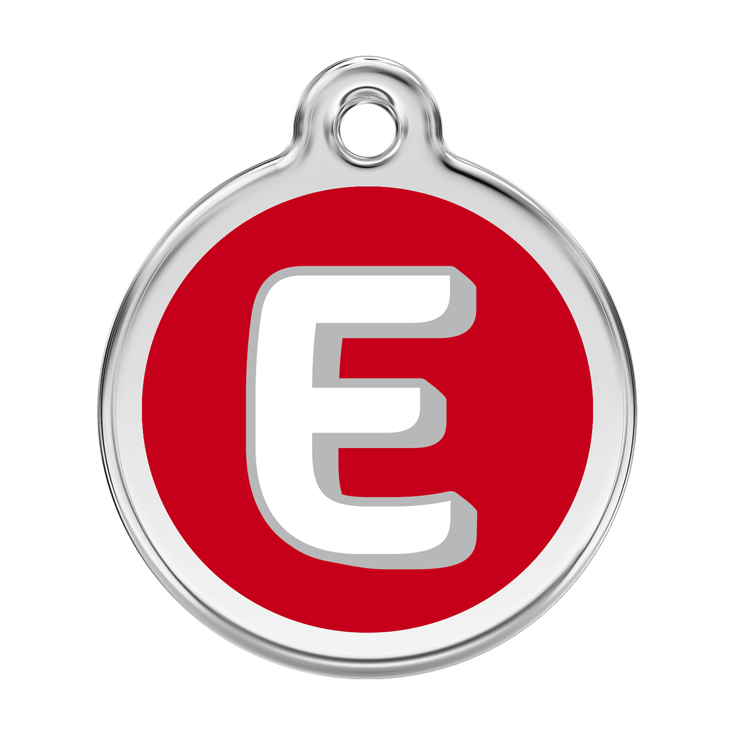 Vue avant - Médaille personnalisée pour chien Red Dingo Émail et acier inoxydable - Lettre E - Rouge - Size L