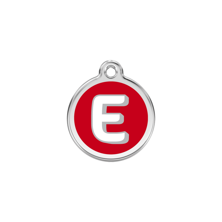 Vue avant - Médaille personnalisée pour chien/chat Red Dingo Émail/Acier inoxydable - Lettre E - Rouge - Size S