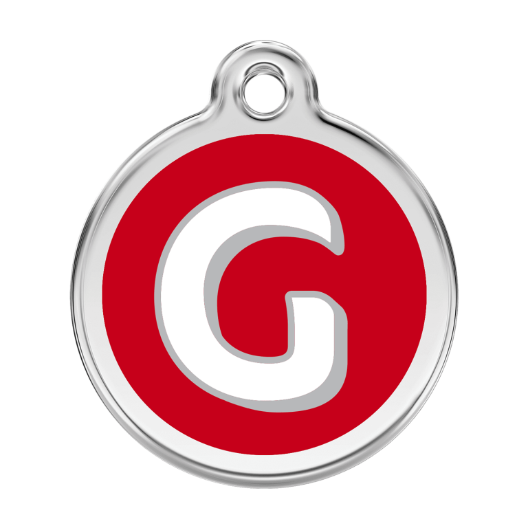Vue avant - Médaille personnalisée pour chien Red Dingo Émail et acier inoxydable - Lettre G - Rouge - Size L