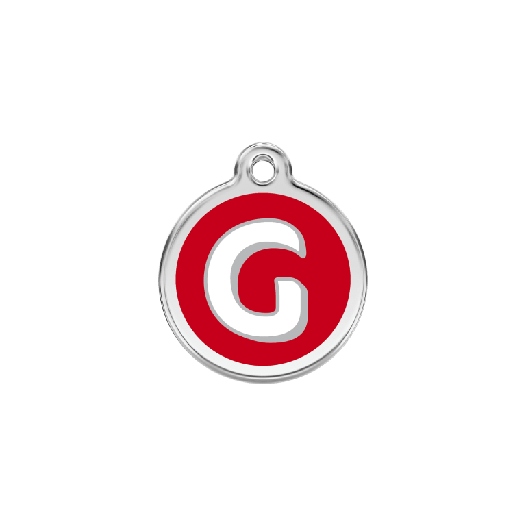 Vue avant - Médaille personnalisée pour chien/chat Red Dingo Émail et acier inoxydable - Lettre G - Rouge - Size S