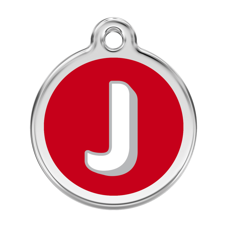 Vue avant - Médaille personnalisée pour chien Red Dingo Émail et acier inoxydable - Lettre J - Rouge - Size L