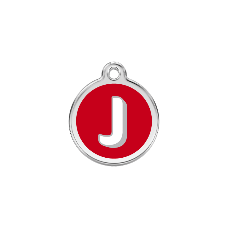 Vue avant - Médaille personnalisée pour chien/chat Red Dingo Émail/Acier inoxydable - Lettre J - Rouge - Size S