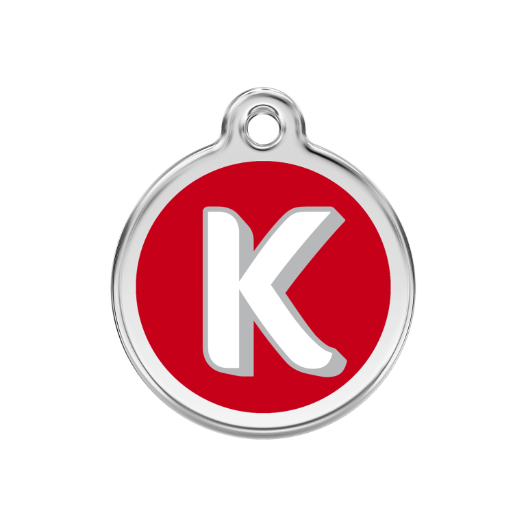 Vue avant - Médaille personnalisée pour chien Red Dingo Émail et acier inoxydable - Lettre K - Rouge - Size M