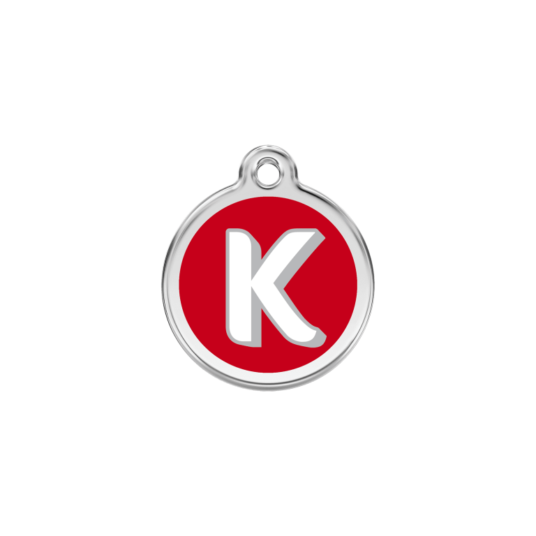 Vue avant - Médaille personnalisée pour chien/chat Red Dingo Émail et acier inoxydable - Lettre K - Rouge - Size S
