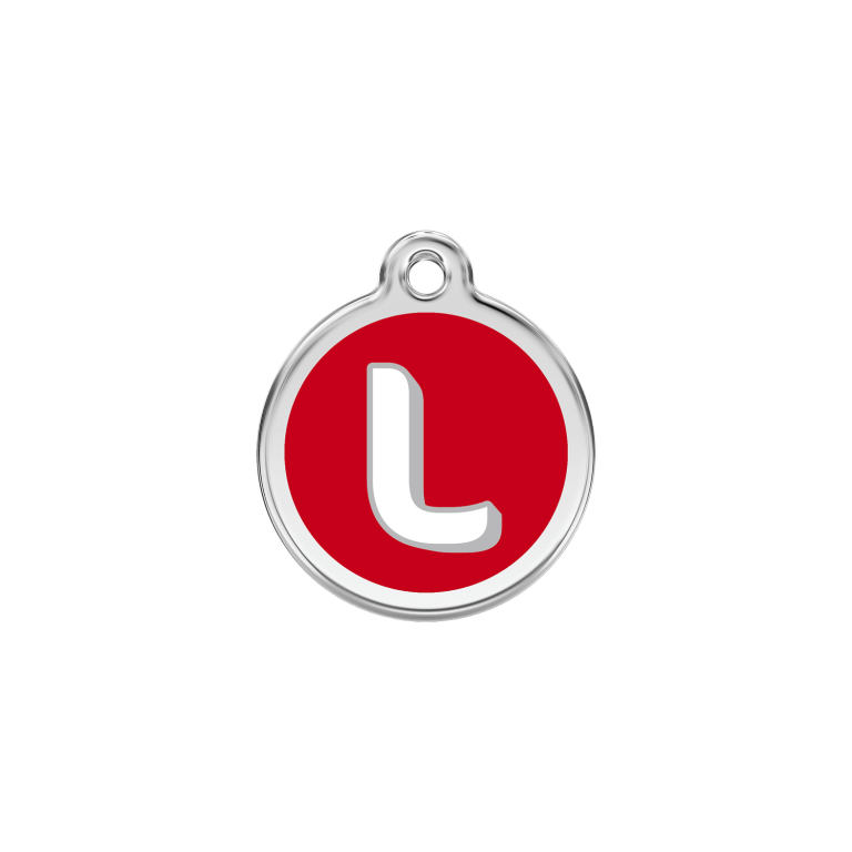 Vue avant - Médaille personnalisée Red Dingo émail et acier inoxydable - Lettre L - Rouge - Size S