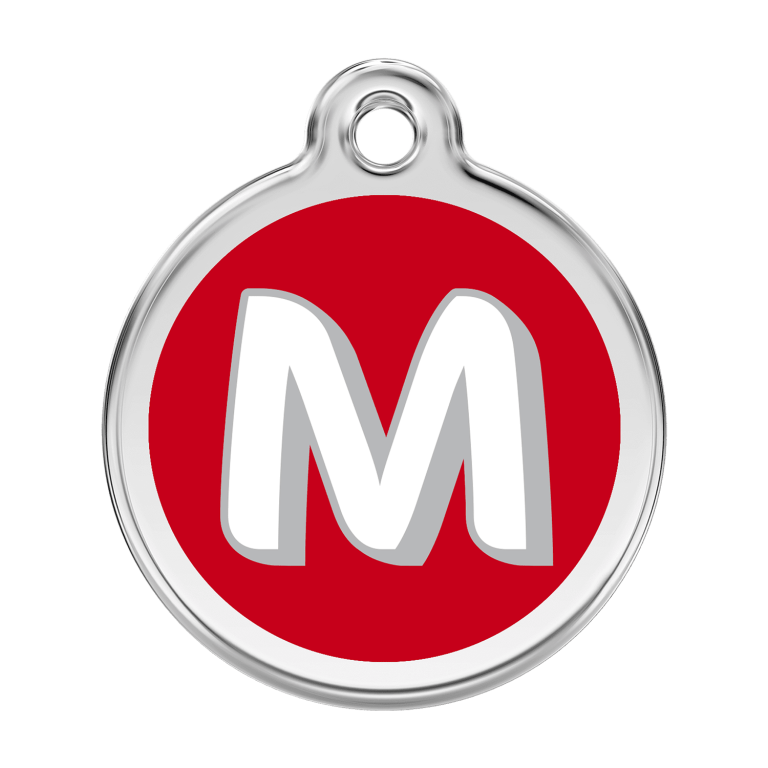 Vue avant - Médaille personnalisée pour chien Red Dingo Émail et acier inoxydable - Lettre M - Rouge - Size L