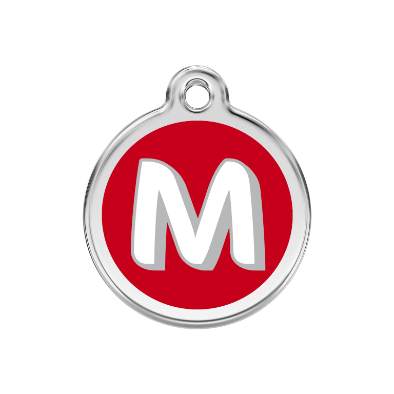 Vue avant - Médaille personnalisée pour chien Red Dingo Émail et acier inoxydable Lettre M Rouge 30mm