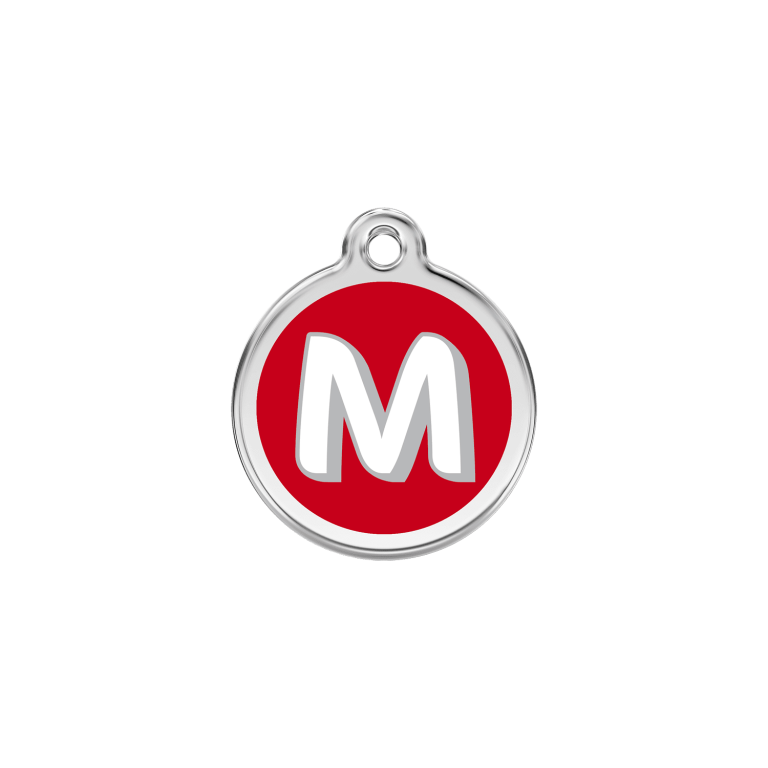 Vue avant - Médaille personnalisée pour chien/chat Red Dingo Émail et acier inoxydable - Lettre M rouge - Size S 20.00mm
