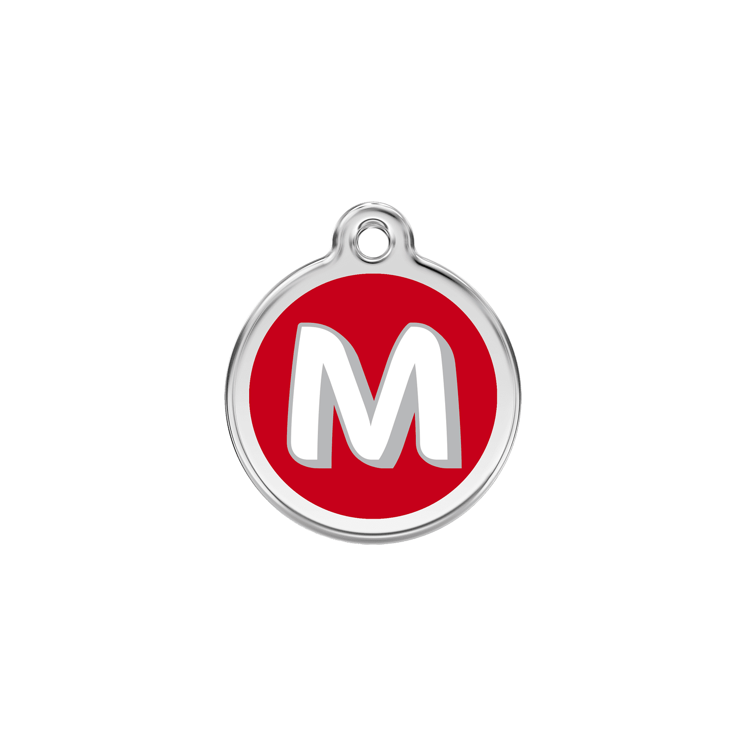 Vue avant - Médaille personnalisée pour chien/chat Red Dingo Émail et acier inoxydable - Lettre M rouge - Size S 20.00mm
