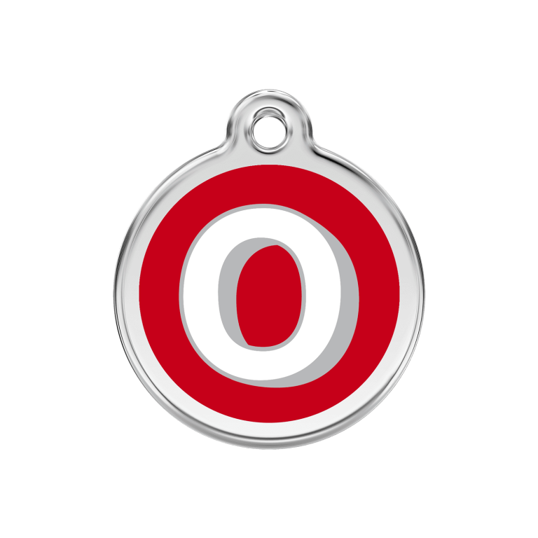 Vue avant - Médaille personnalisable pour chien Red Dingo Émail et acier inoxydable - Lettre O rouge - Size M