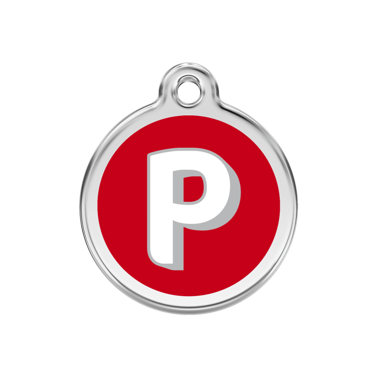 Vue avant - Médaille personnalisée pour chien Red Dingo Émail et acier inoxydable - Lettre P - Rouge - Size M