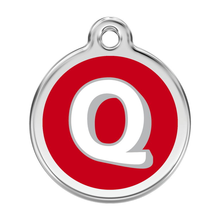 Vue avant - Médaille personnalisée pour chien Red Dingo Émail et acier inoxydable - Lettre Q - Rouge - Size L