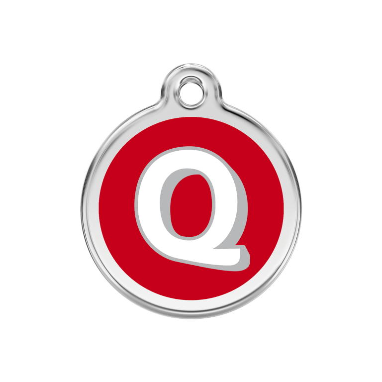 Vue avant - Médaille personnalisée pour chien Red Dingo Émail et acier inoxydable - Lettre Q rouge - Size M