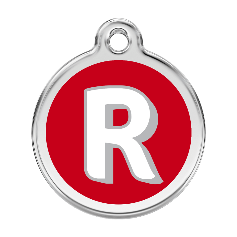 Vue avant - Médaille personnalisée pour chien Red Dingo Émail et acier inoxydable - Lettre R - Rouge - Size L
