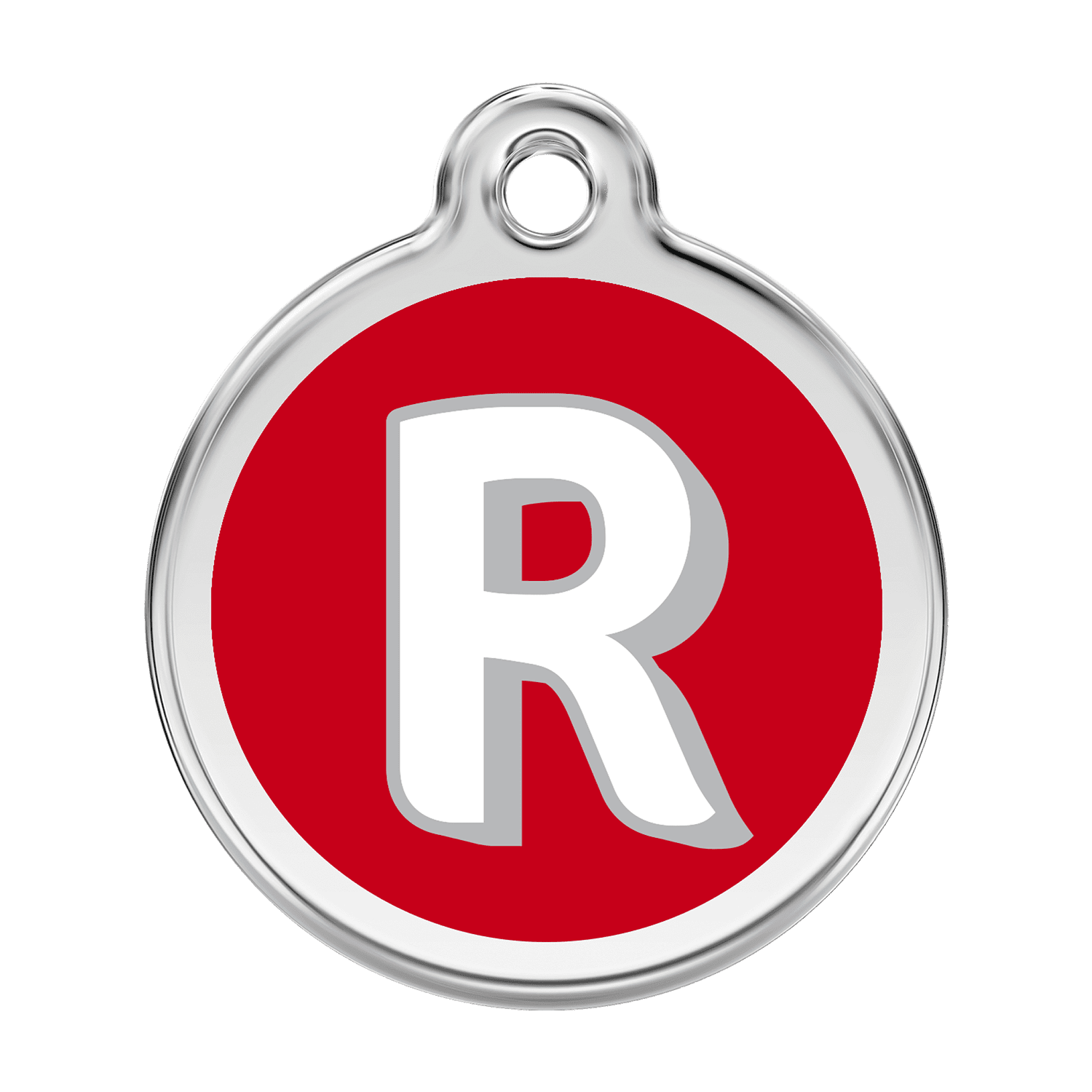 Vue avant - Médaille personnalisée pour chien Red Dingo Émail et acier inoxydable - Lettre R - Rouge - Size L