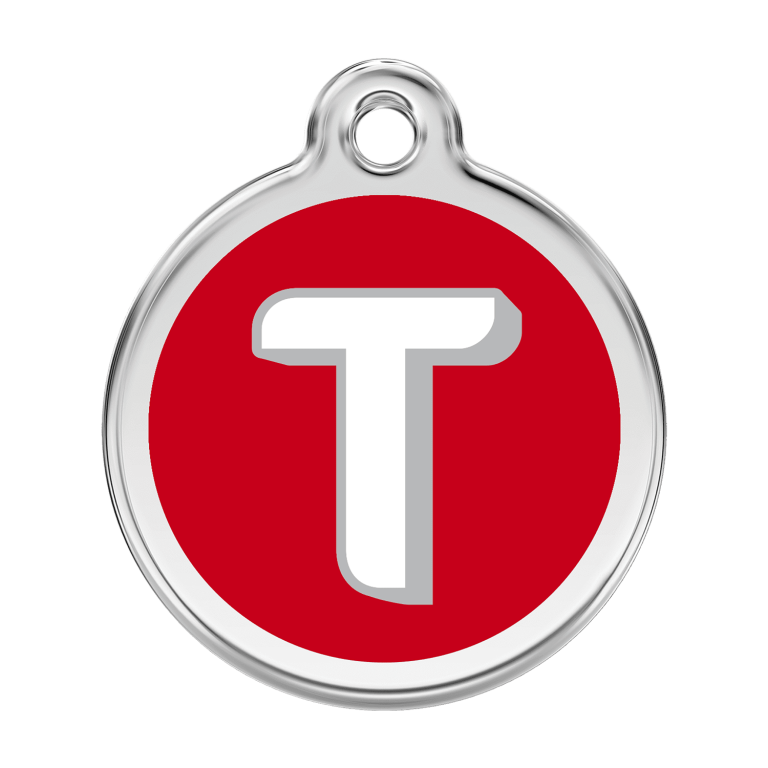 Vue avant - Médaille personnalisée pour chien Red Dingo Émail et acier inoxydable - Lettre T - Rouge - Size L