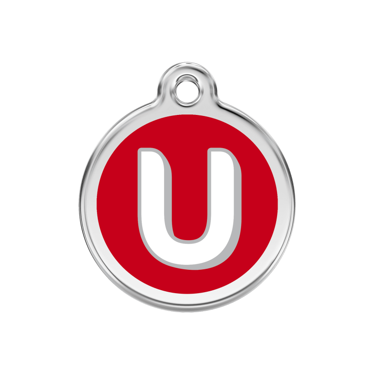 Vue avant - Médaille personnalisée pour chien Red Dingo Émail et acier inoxydable - Lettre U - Rouge - Size M