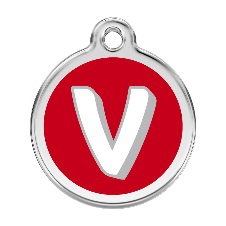 Vue avant - Médaille personnalisée pour chien Red Dingo Émail et acier inoxydable - Lettre V - Rouge - Size L