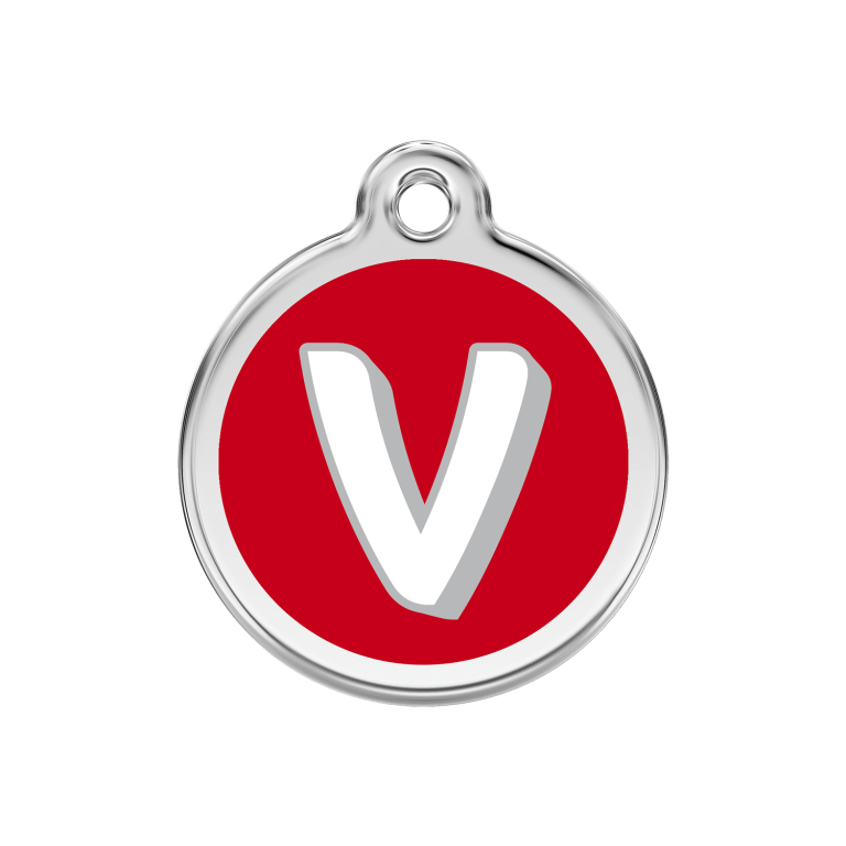 Vue avant - Médaille personnalisée pour chien Red Dingo Émail et acier inoxydable - Lettre V - Rouge - Size M