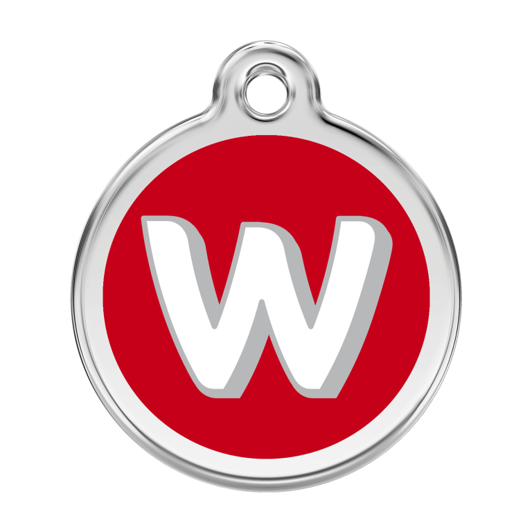 Vue avant - Médaille personnalisée chien Red Dingo Émail et acier inoxydable Lettre W Rouge - Size L