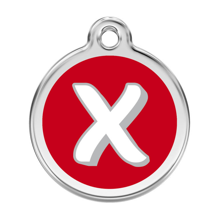 Vue avant - Médaille personnalisée pour chien Red Dingo Émail et acier inoxydable - Lettre X - Rouge - Size L