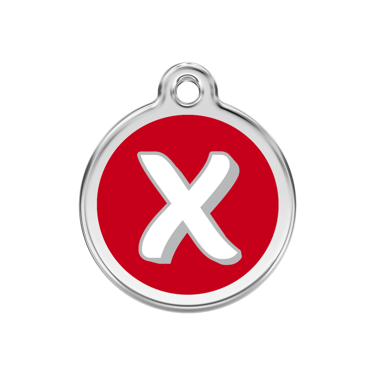 Vue avant - Médaille personnalisée pour chien Red Dingo Émail et acier inoxydable - Lettre X - Rouge - Size M