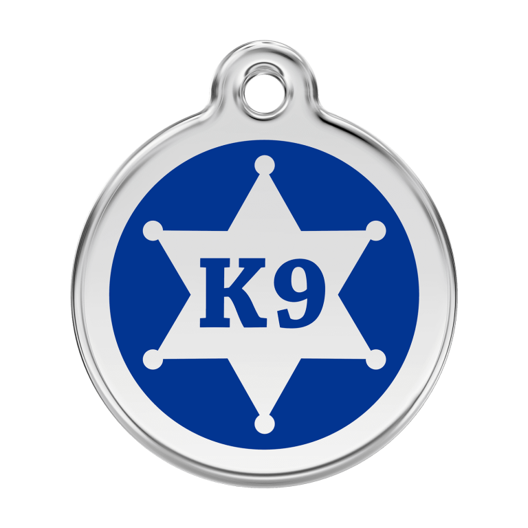 Vue avant - Médaille personnalisée pour chien Red Dingo Émail et acier inoxydable - K9 Sh?rif - Bleu fonc? - Size L