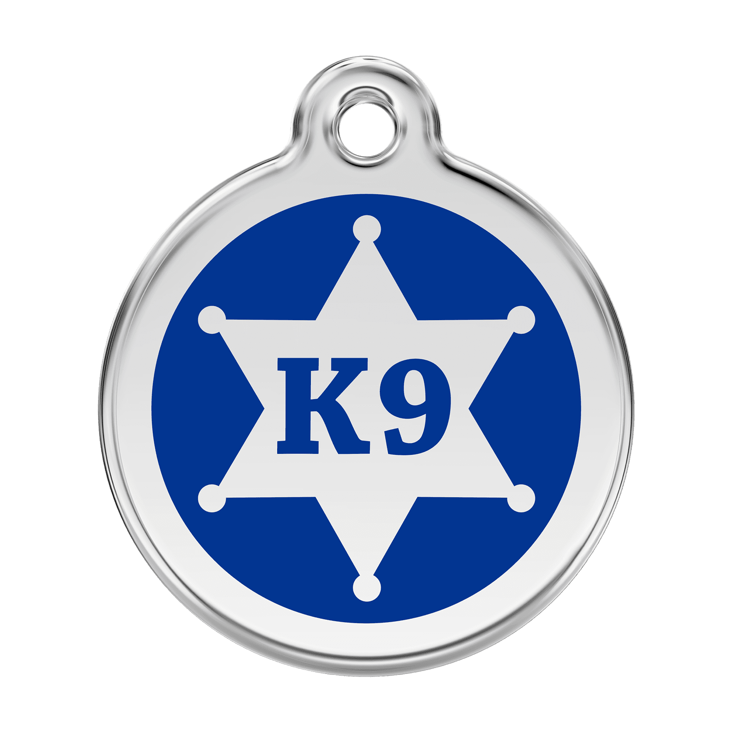 Vue avant - Médaille personnalisée pour chien Red Dingo Émail et acier inoxydable - K9 Sh?rif - Bleu fonc? - Size L
