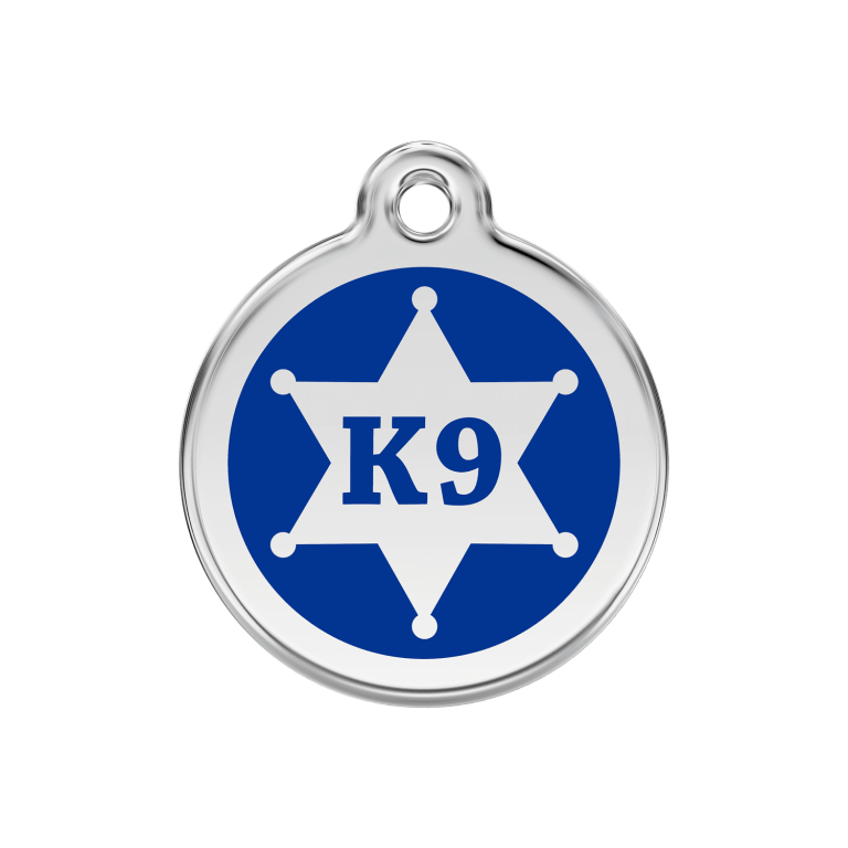 Vue avant - Médaille personnalisée pour chien Red Dingo Émail et acier inoxydable K9 Sh?rif Bleu fonc? - Size M