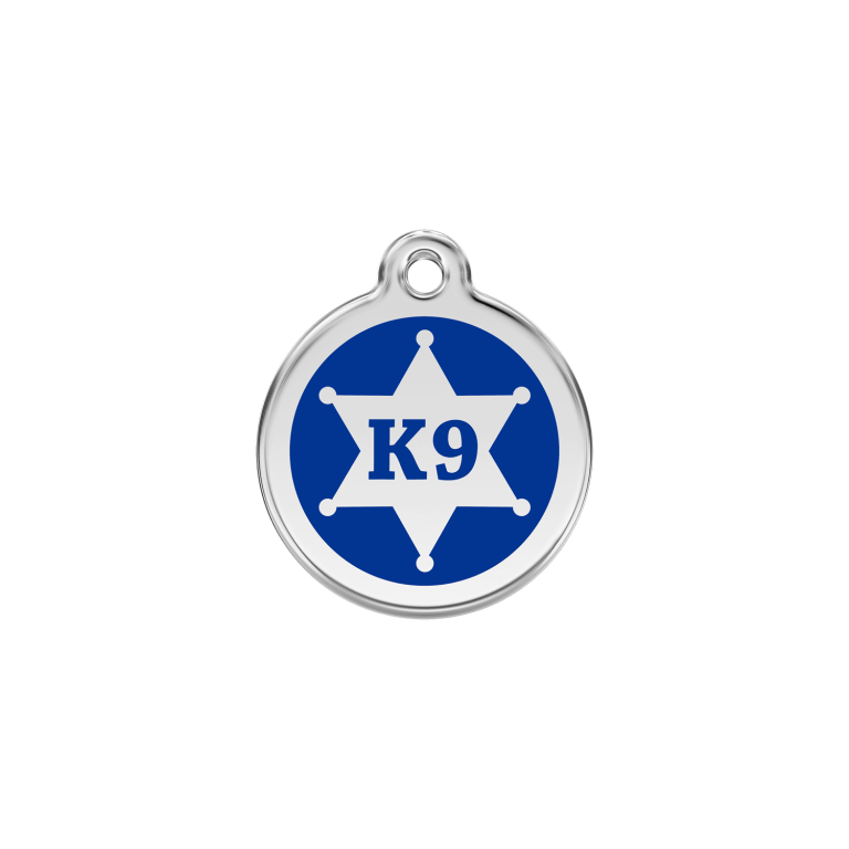 Vue avant - Médaille personnalisée pour chien/chat Red Dingo Émail/Acier inoxydable K9 Sh?rif Bleu fonc? - Size S - 01-KN-DB-SM