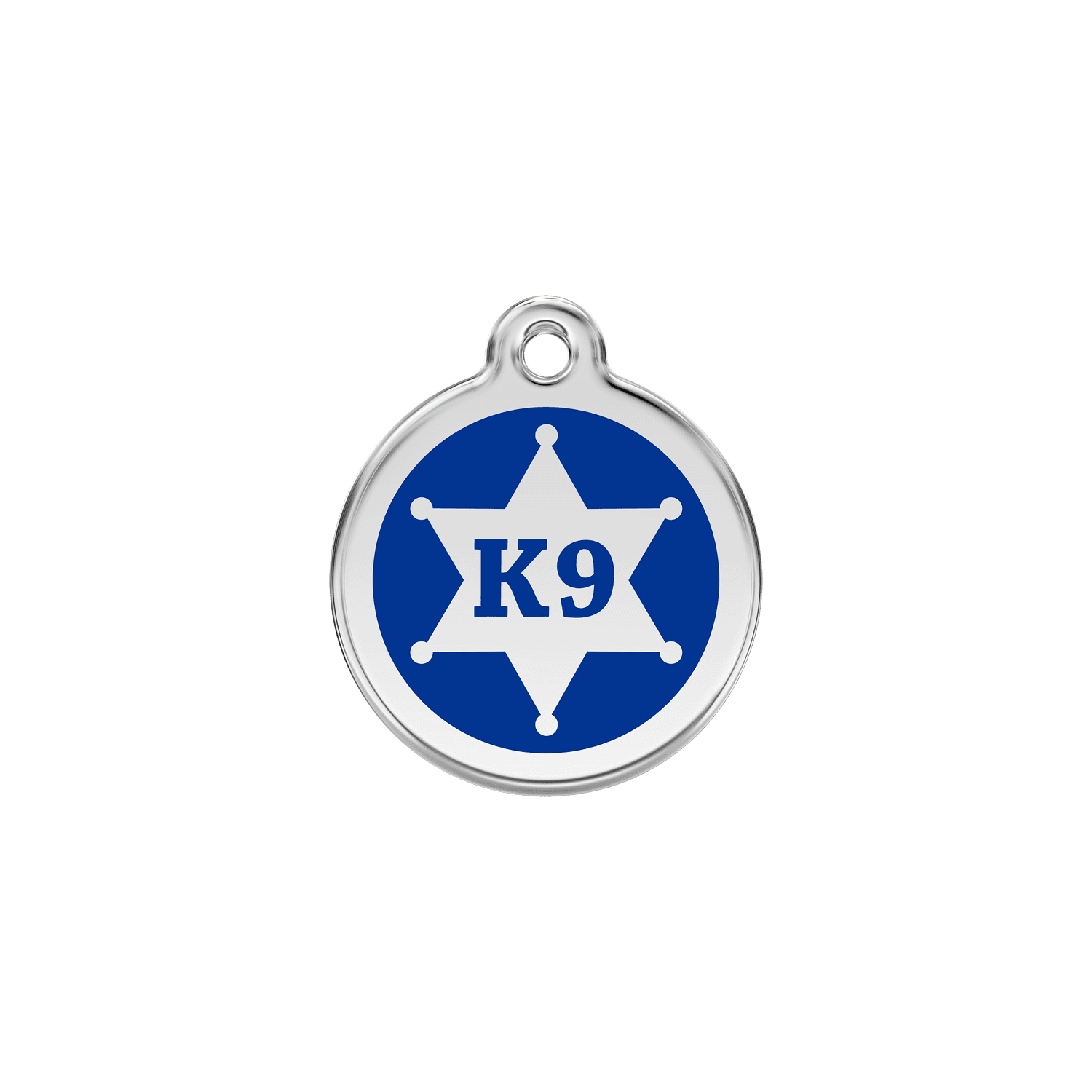 Vue avant - Médaille personnalisée pour chien/chat Red Dingo Émail/Acier inoxydable K9 Sh?rif Bleu fonc? - Size S - 01-KN-DB-SM