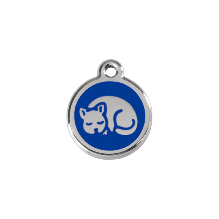 Vue avant - Médaille personnalisée en émail et acier inoxydable pour chat - Red Dingo - Motif chaton bleu foncé - Size S