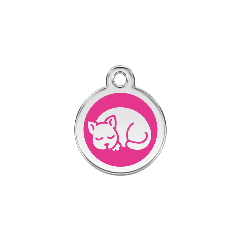 Vue avant - Médaille personnalisée en émail et acier inoxydable pour chat - Red Dingo - Motif chaton rose vif - Size S