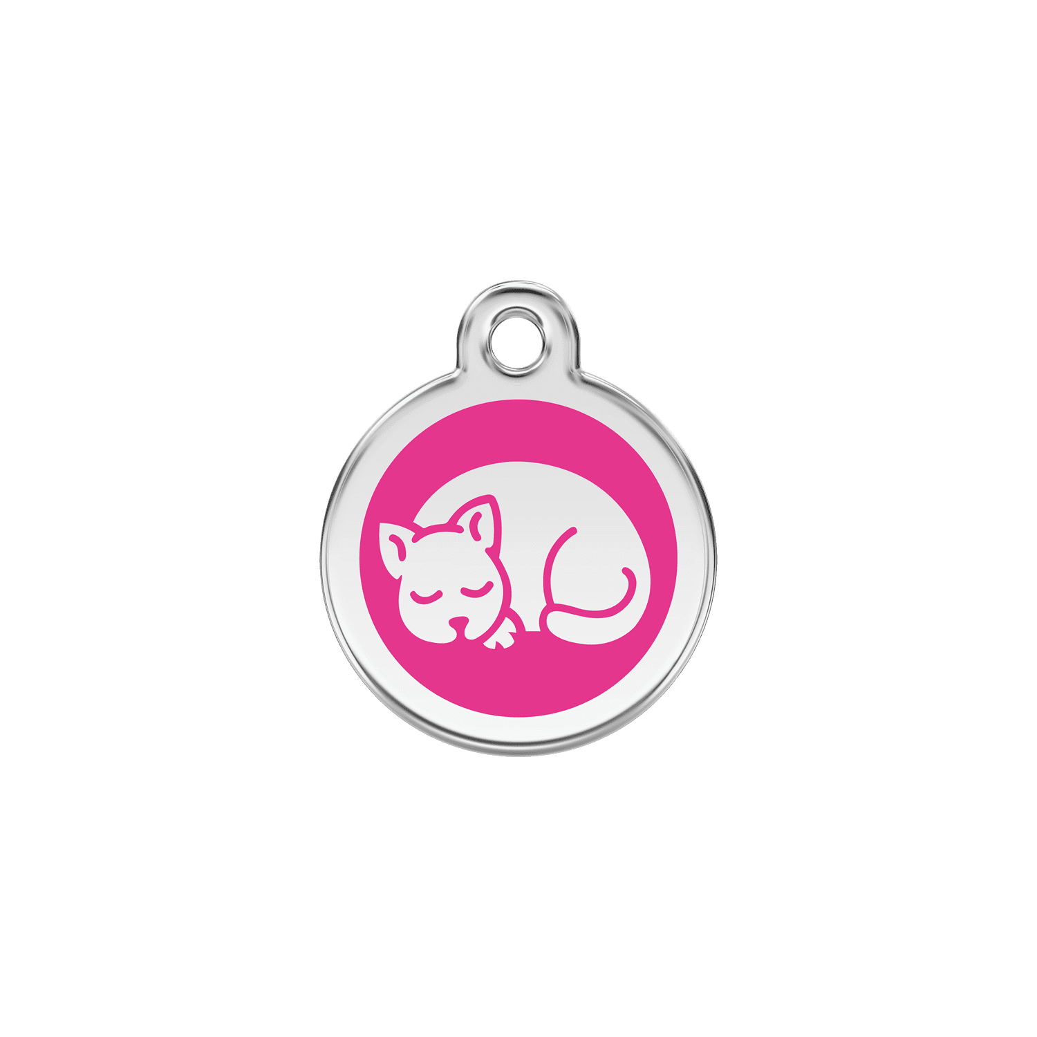 Vue avant - Médaille personnalisée en émail et acier inoxydable pour chat - Red Dingo - Motif chaton rose vif - Size S