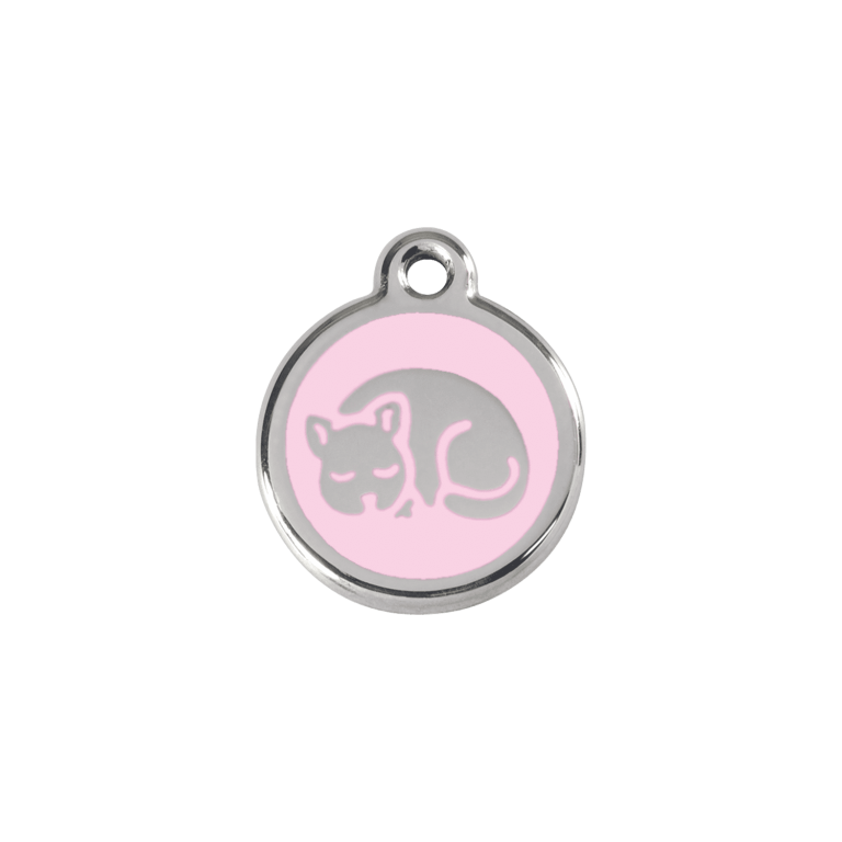 Vue avant - Médaille personnalisée en émail et acier inoxydable pour chat - Red Dingo - Motif chaton rose - Size S