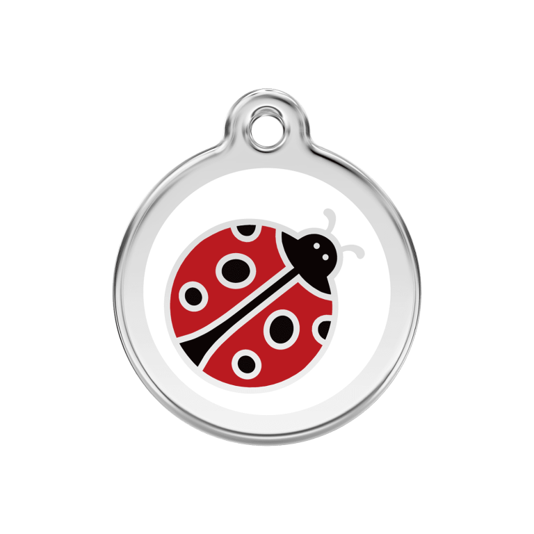 Vue avant - Médaille personnalisée pour chien Red Dingo Émail et acier inoxydable - Motif Coccinelle - Blanc - Size M