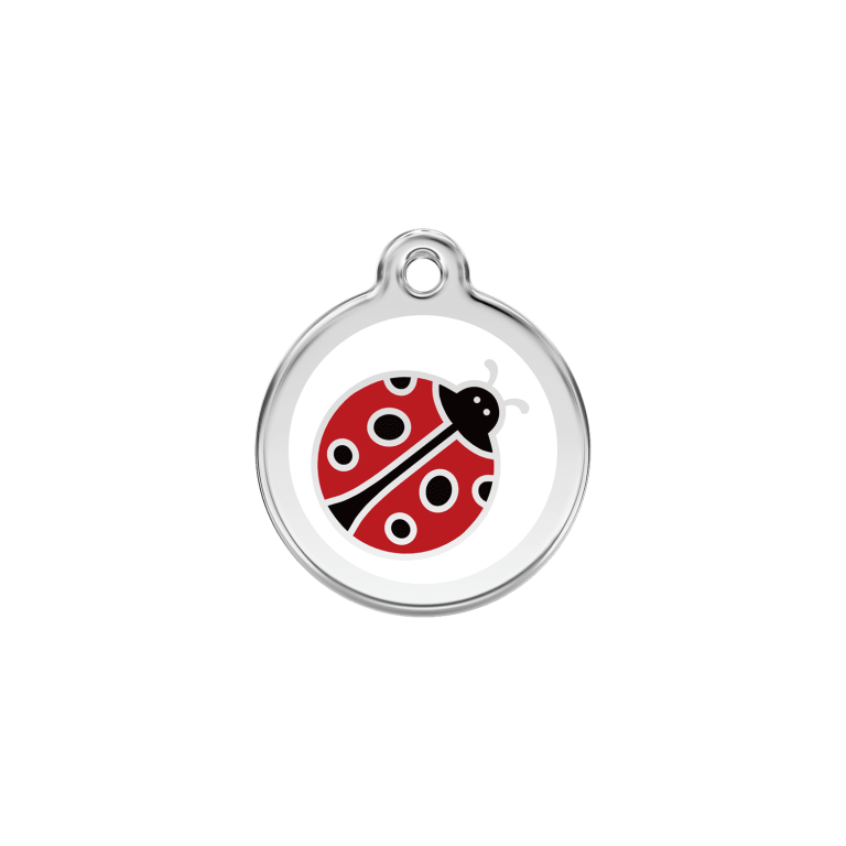Vue avant - Médaille personnalisée pour chien/chat Red Dingo Émail et acier inoxydable - Coccinelle Blanc - Size S