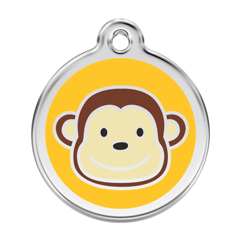 Vue avant - Médaille personnalisée pour chien - Red Dingo Émail et acier inoxydable - Motif singe jaune - Size L