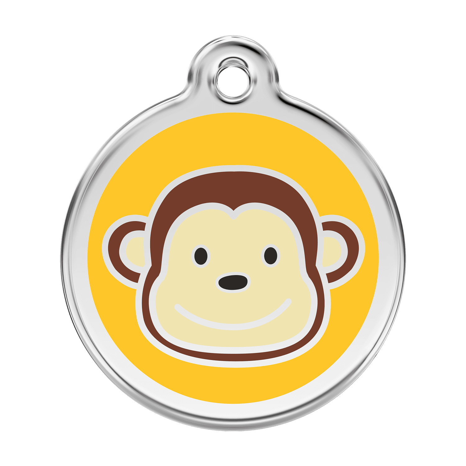Vue avant - Médaille personnalisée pour chien - Red Dingo Émail et acier inoxydable - Motif singe jaune - Size L