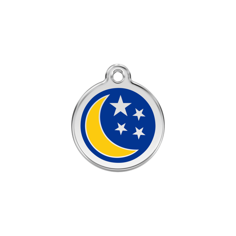 Vue avant - Médaille personnalisée pour chien/chat Red Dingo Émail/Acier inoxydable Lune et étoiles Bleu foncé - Size S