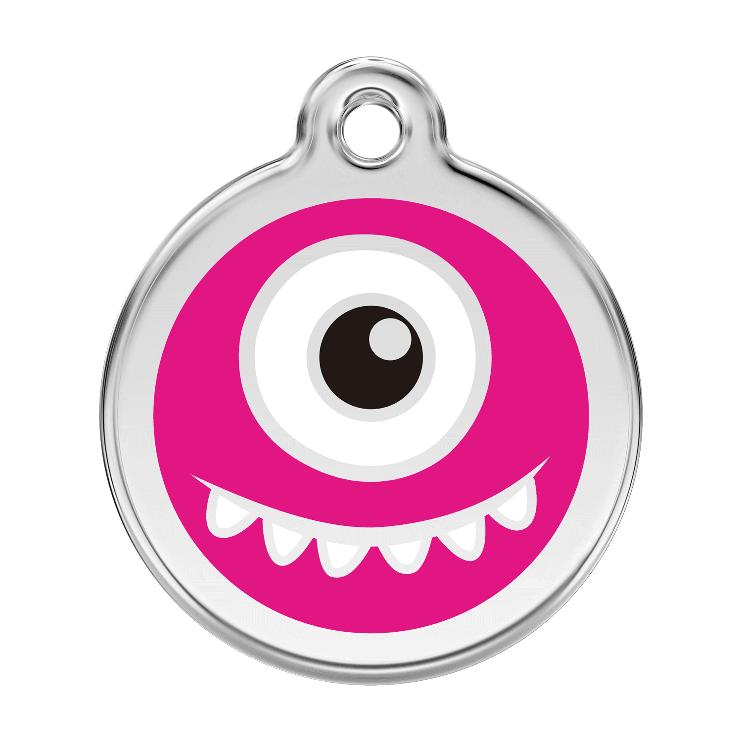 Vue avant - Médaille personnalisée pour chien Red Dingo Émail et acier inoxydable motif Monstre - Rose vif - Size L