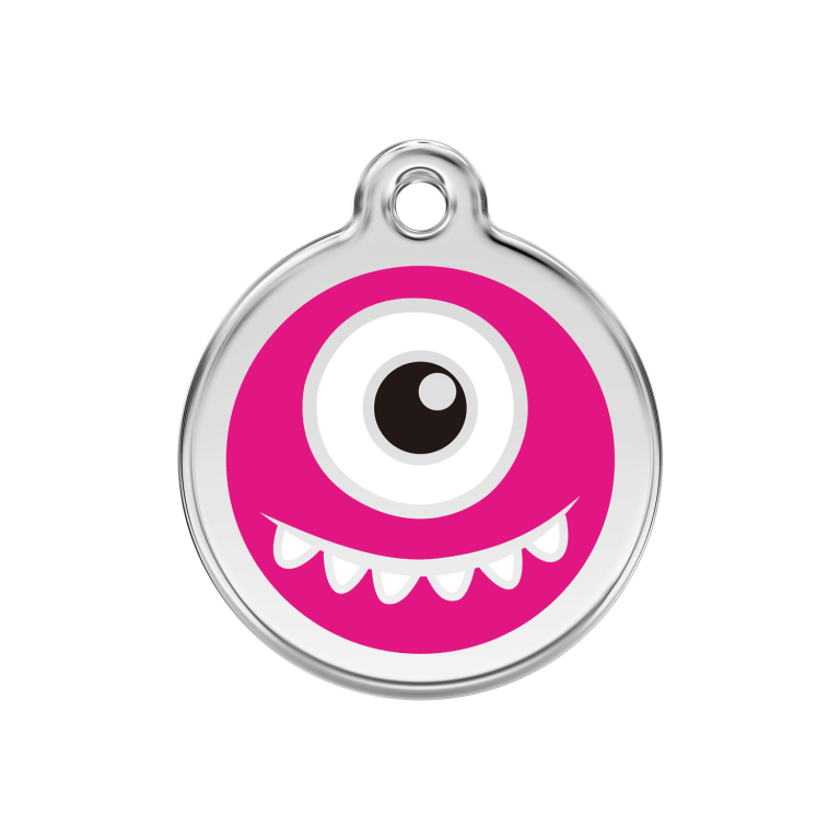 Vue avant - Médaille personnalisée pour chien Red Dingo Émail et acier inoxydable Monstre Rose vif - Size M