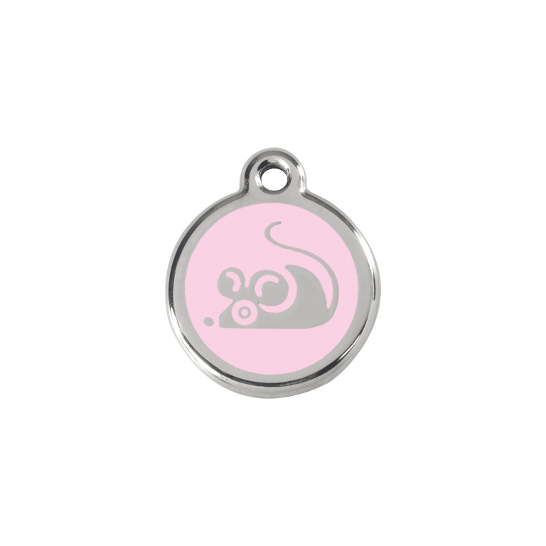 Vue avant - Médaille personnalisée en émail et acier inoxydable pour chat - Red Dingo - Motif souris rose - Size S
