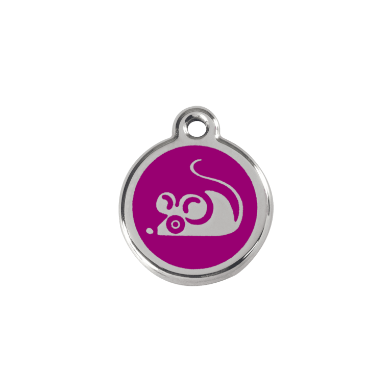 Vue avant - Médaille personnalisée en émail et acier inoxydable pour chat - Red Dingo - Motif souris violet - Size S