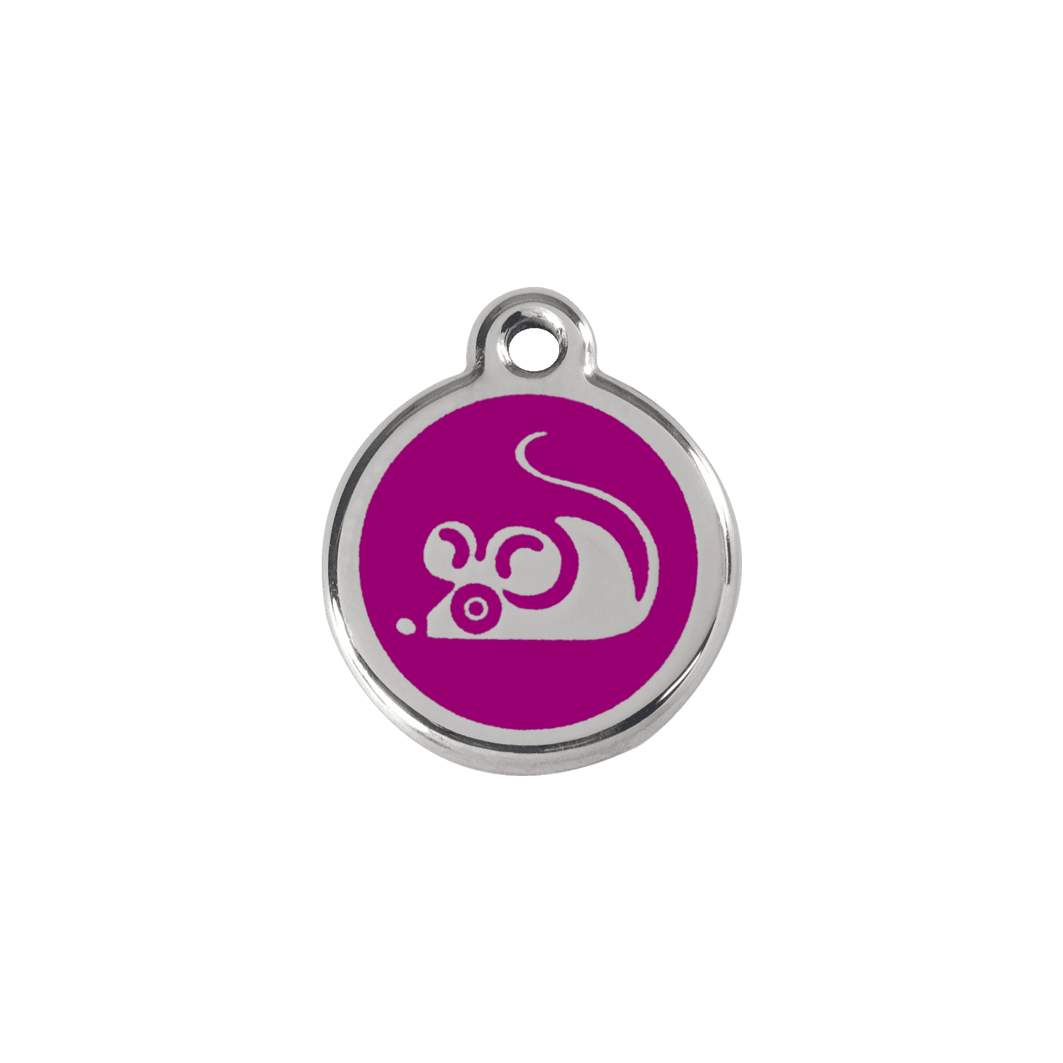 Vue avant - Médaille personnalisée en émail et acier inoxydable pour chat - Red Dingo - Motif souris violet - Size S