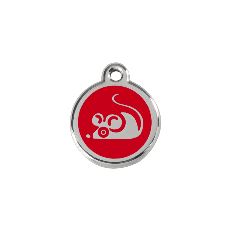 Vue avant - Médaille personnalisée pour chat ou petit chien - Red Dingo Émail et acier inoxydable - Motif souris rouge