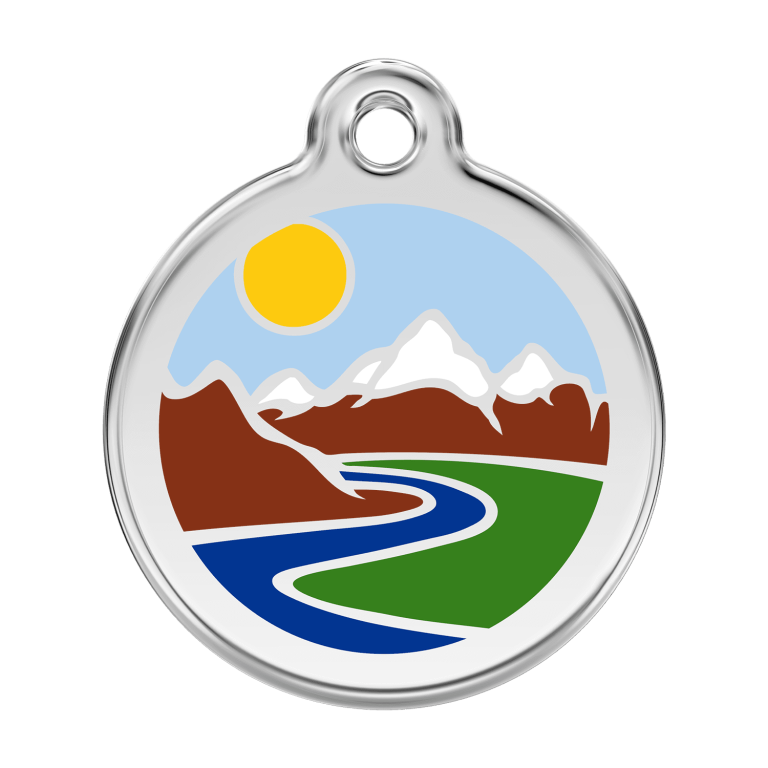 Vue avant - Médaille personnalisable pour chien Red Dingo Émail et acier inoxydable motif montagnes bleu clair - Size L