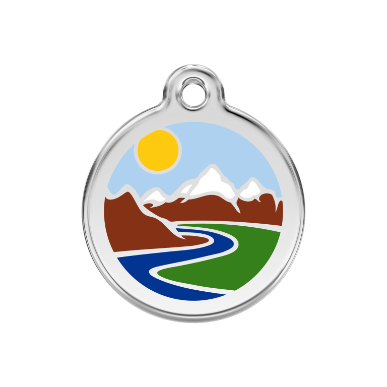 Vue avant - Médaille personnalisée pour chien Red Dingo Émail et acier inoxydable motif montagnes bleu clair - Size M